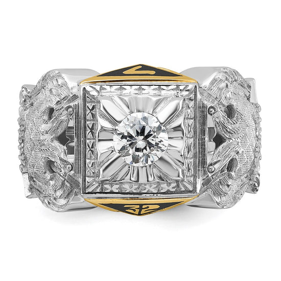 14k Two-tone Men's Polished and Textured with Black Enamel and Diamond 32nd Degree Scottish Rite Masonic Ring