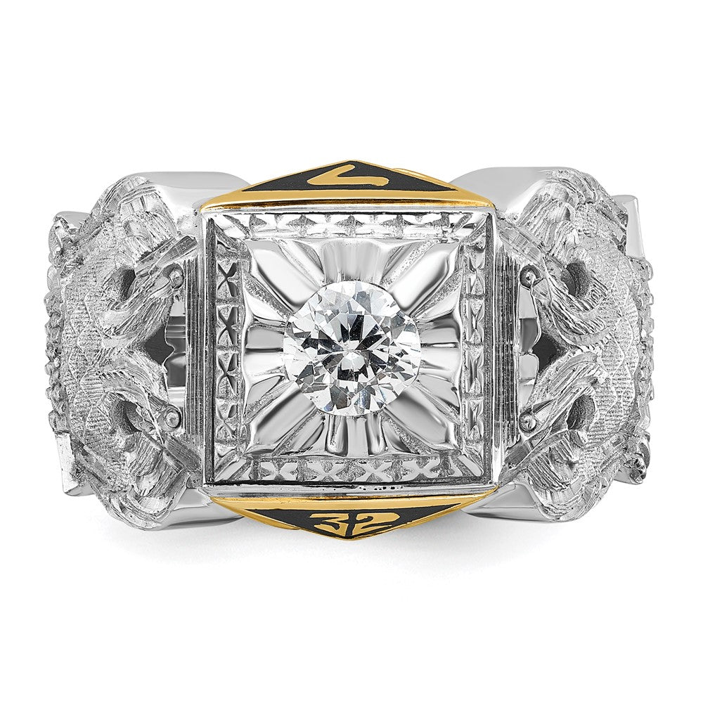 14k Two-tone Men's Polished and Textured with Black Enamel and Diamond 32nd Degree Scottish Rite Masonic Ring