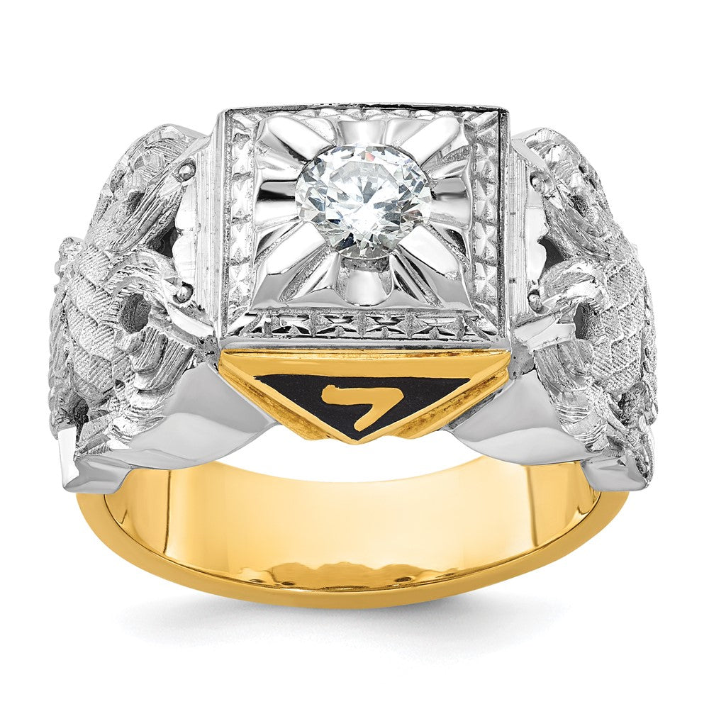 14k Two-tone Men's Polished and Textured with Black Enamel and Diamond 32nd Degree Scottish Rite Masonic Ring