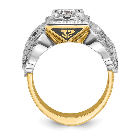 14k Two-tone Men's Polished and Textured with Black Enamel and Diamond Double Eagle Masonic Shriner's Ring