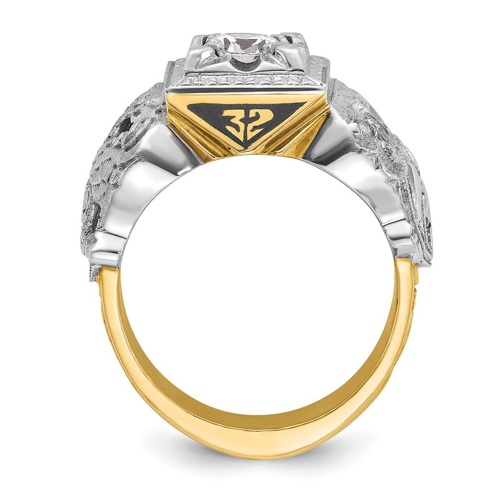14k Two-tone Men's Polished and Textured with Black Enamel and Diamond Double Eagle Masonic Shriner's Ring