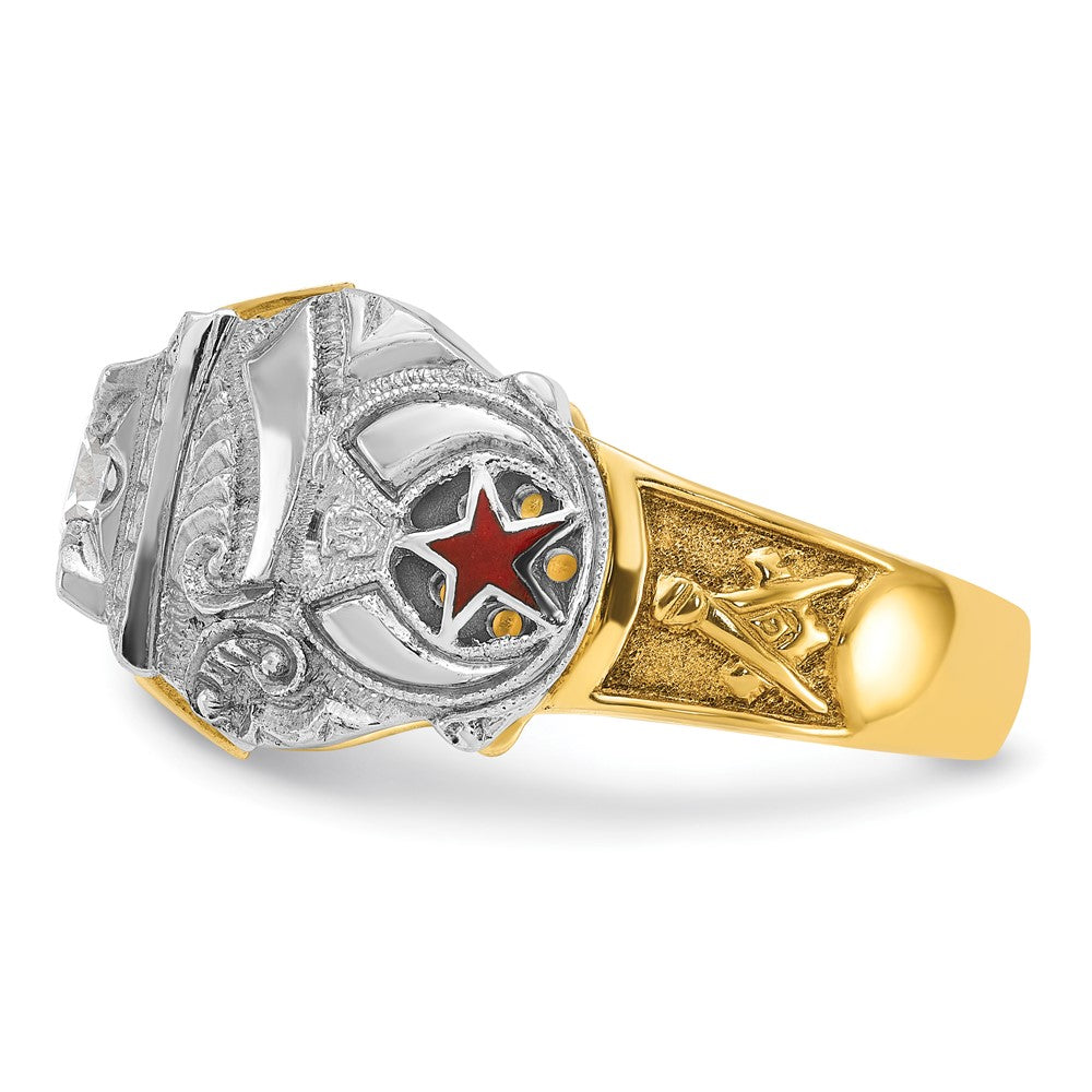 14k Two-tone Men's Polished and Textured with Black Enamel and Diamond Double Eagle Masonic Shriner's Ring