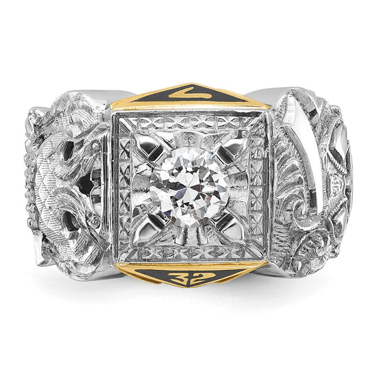 14k Two-tone Men's Polished and Textured with Black Enamel and Diamond Double Eagle Masonic Shriner's Ring