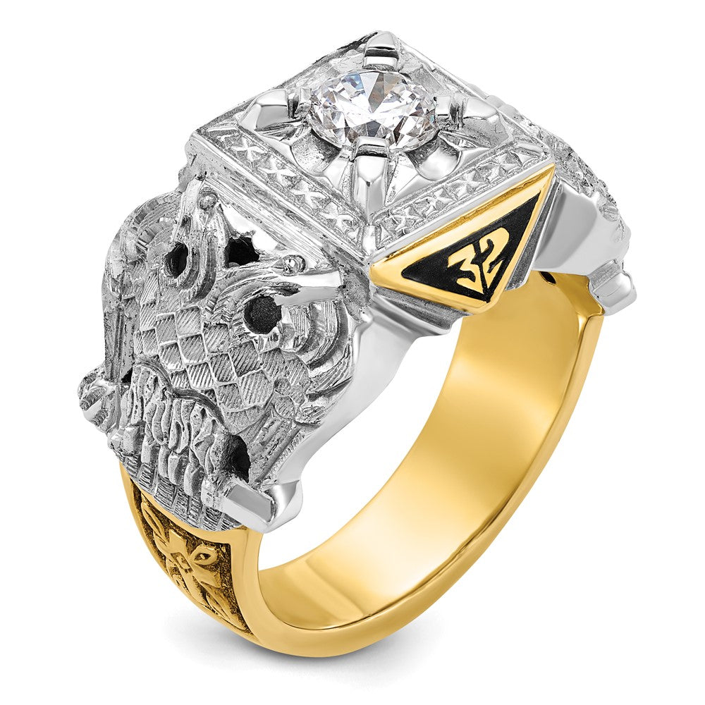 14k Two-tone Men's Polished and Textured with Black Enamel and Diamond Double Eagle Masonic Shriner's Ring