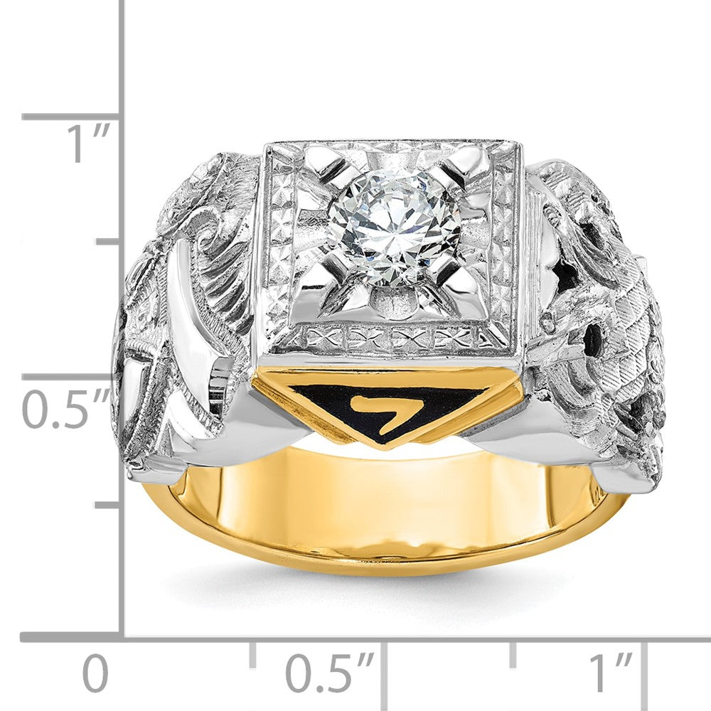 14k Two-tone Men's Polished and Textured with Black Enamel and Diamond Double Eagle Masonic Shriner's Ring