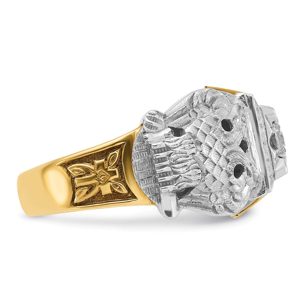 14k Two-tone Men's Polished and Textured with Black Enamel and Diamond Double Eagle Masonic Shriner's Ring