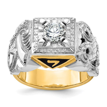 14k Two-tone Men's Polished and Textured with Black Enamel and Diamond Double Eagle Masonic Shriner's Ring