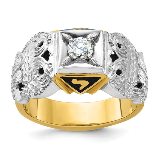 14k Two-tone Men's Polished and Textured with Black Enamel and Diamond 32nd Degree Scottish Rite Masonic Ring