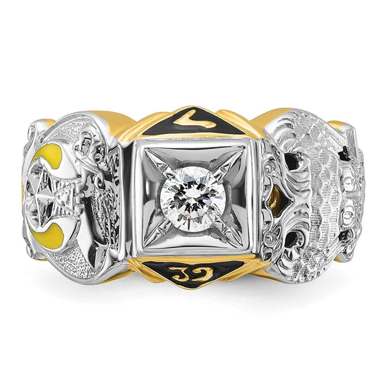 14k Two-tone Men's Polished and Textured with Multi-color Enamel and Diamond Double Eagle Masonic Shriner's Ring