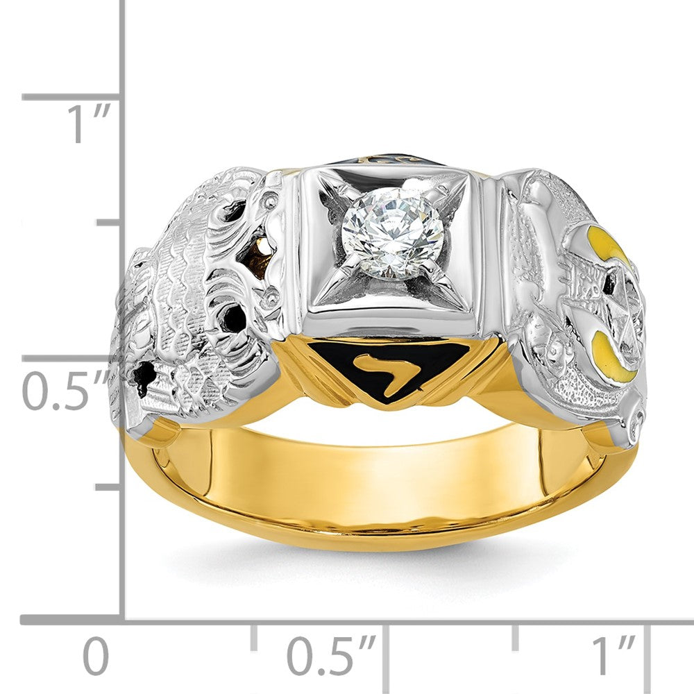 14k Two-tone Men's Polished and Textured with Multi-color Enamel and Diamond Double Eagle Masonic Shriner's Ring