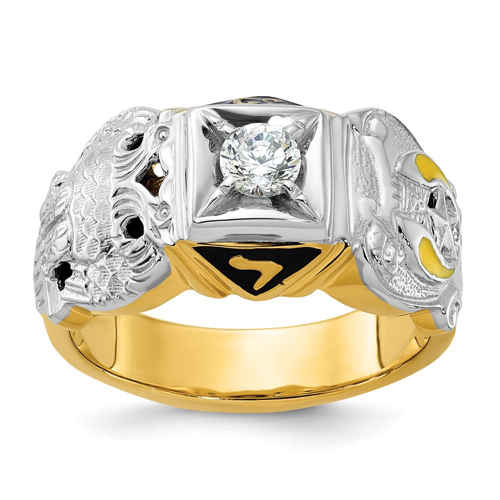 14k Two-tone Men's Polished and Textured with Multi-color Enamel and Diamond Double Eagle Masonic Shriner's Ring