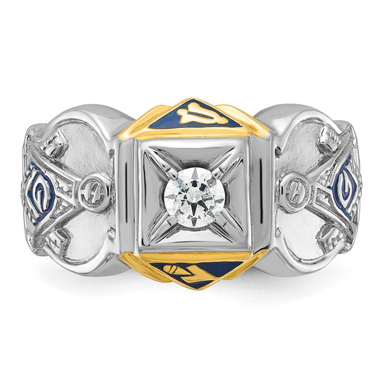 14k Two-tone Men's Polished and Textured with Blue Enamel and Diamond Blue Lodge Master Masonic Ring