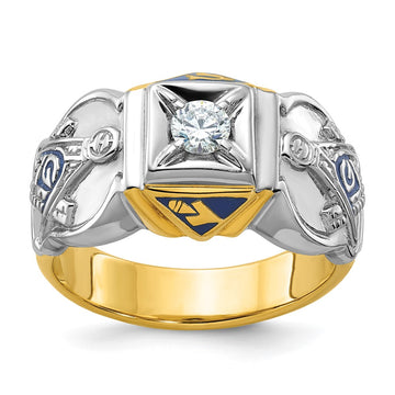 14k Two-tone Men's Polished and Textured with Blue Enamel and Diamond Blue Lodge Master Masonic Ring