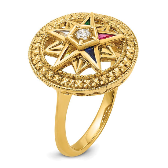 14k Women's Polished and Textured with Multi-color CZ and Diamond Eastern Star Masonic Ring