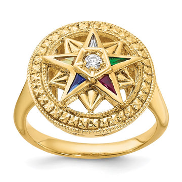 14k Women's Polished and Textured with Multi-color CZ and Diamond Eastern Star Masonic Ring