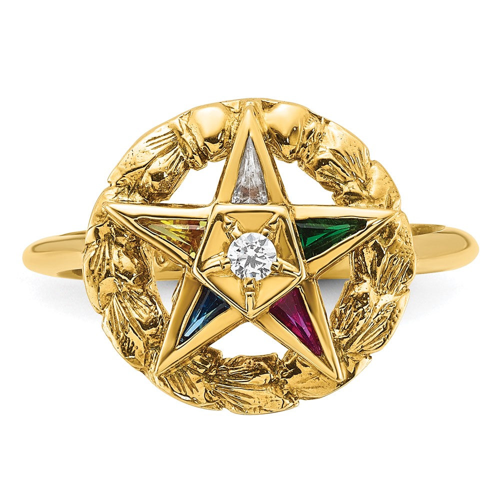 14k Women's Polished and Textured with Multi-color CZ and Diamond Eastern Star Masonic Ring