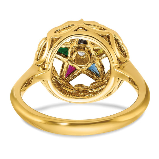 14k Women's Polished and Textured with Multi-color CZ and Diamond Eastern Star Masonic Ring