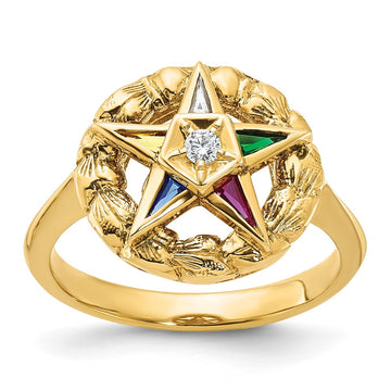 14k Women's Polished and Textured with Multi-color CZ and Diamond Eastern Star Masonic Ring