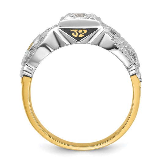 14k Two-tone Men's Polished and Textured with Black Enamel and Diamond Double Eagle Masonic Shriner's Ring