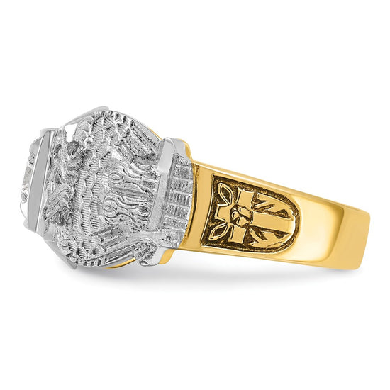 14k Two-tone Men's Polished and Textured with Black Enamel and Diamond Double Eagle Masonic Shriner's Ring
