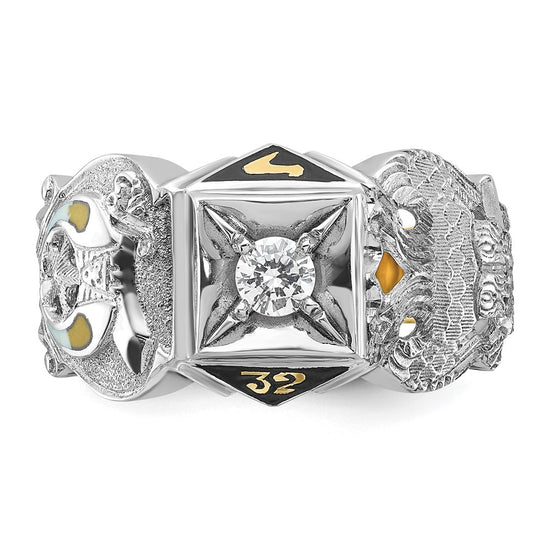 14k Two-tone Men's Polished and Textured with Black Enamel and Diamond Double Eagle Masonic Shriner's Ring