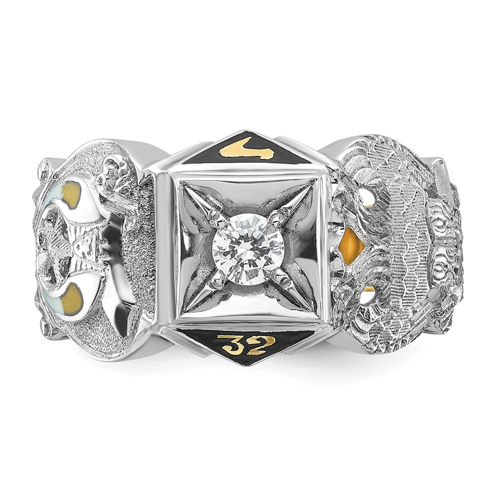 14k Two-tone Men's Polished and Textured with Black Enamel and Diamond Double Eagle Masonic Shriner's Ring