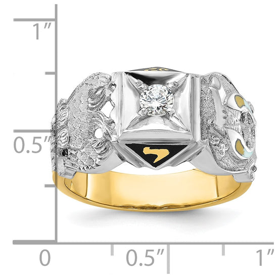 14k Two-tone Men's Polished and Textured with Black Enamel and Diamond Double Eagle Masonic Shriner's Ring