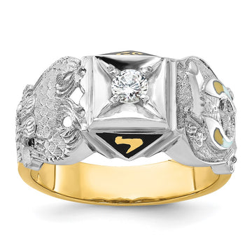 14k Two-tone Men's Polished and Textured with Black Enamel and Diamond Double Eagle Masonic Shriner's Ring