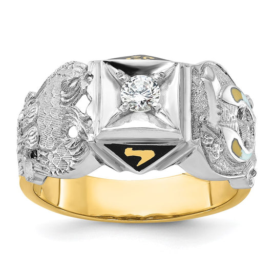14k Two-tone Men's Polished and Textured with Black Enamel and Diamond Double Eagle Masonic Shriner's Ring