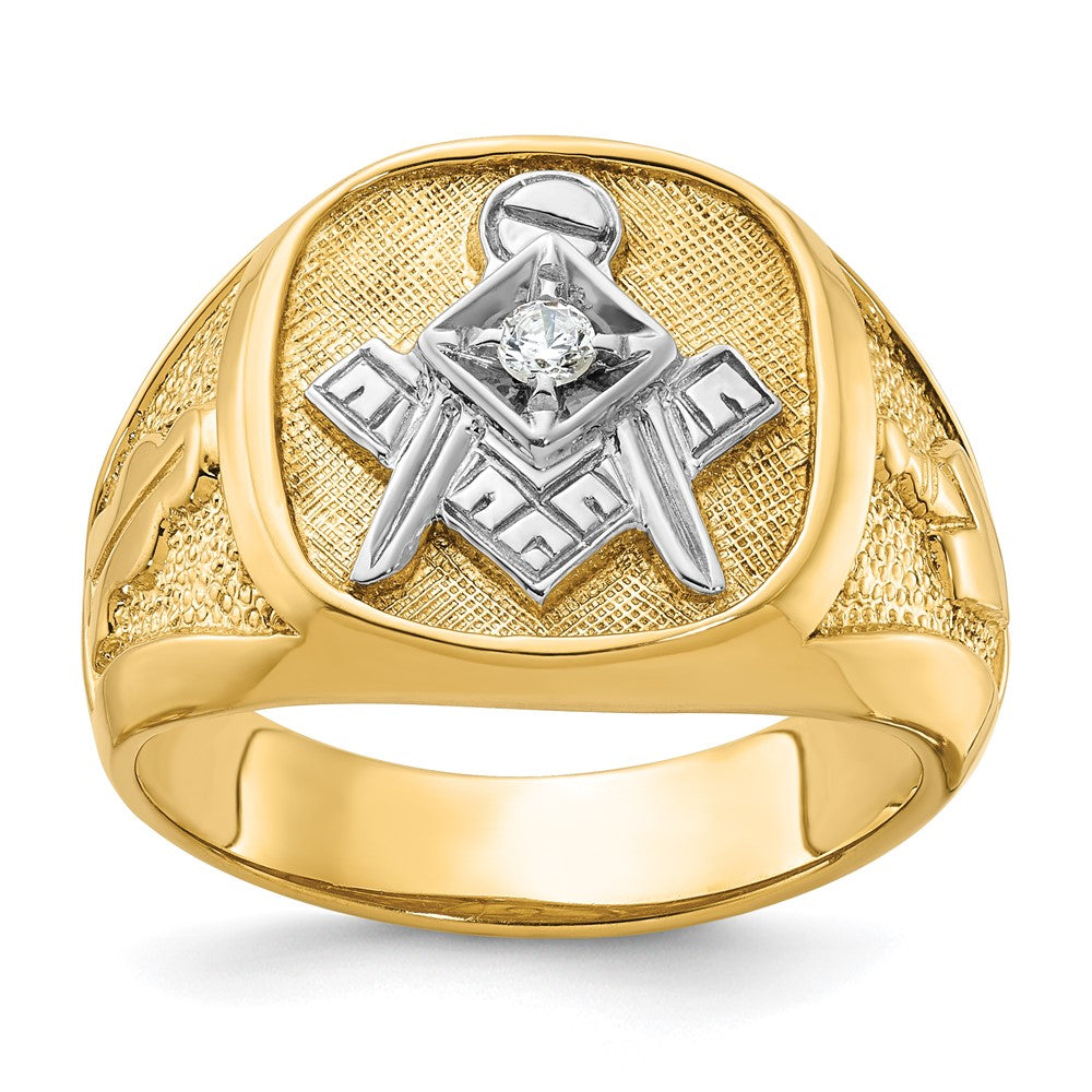 14k with White Rhodium Men's Polished and Textured Diamond Blue Lodge Master Masonic Ring