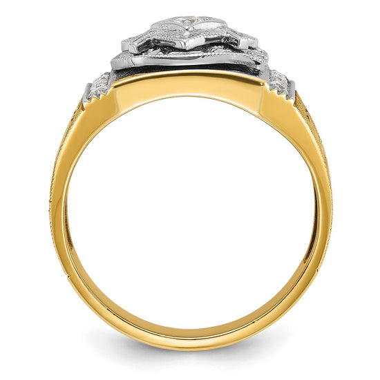 14k Two-tone Men's Polished and Textured with Blue and Black Enamel Diamond Blue Lodge Master Masonic Ring