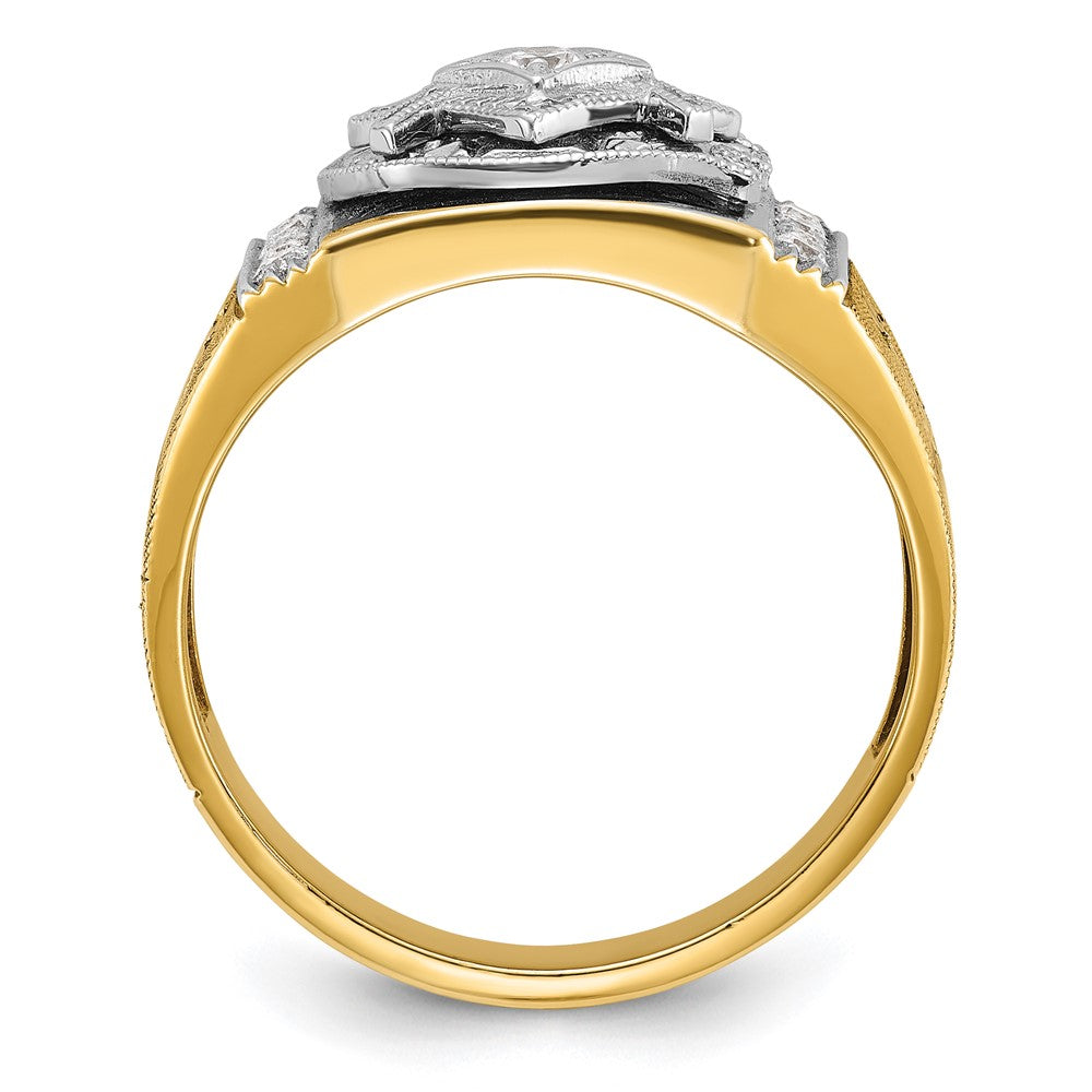14k Two-tone Men's Polished and Textured with Blue and Black Enamel Diamond Blue Lodge Master Masonic Ring