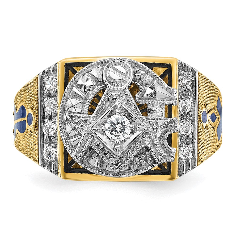 14k Two-tone Men's Polished and Textured with Blue and Black Enamel Diamond Blue Lodge Master Masonic Ring