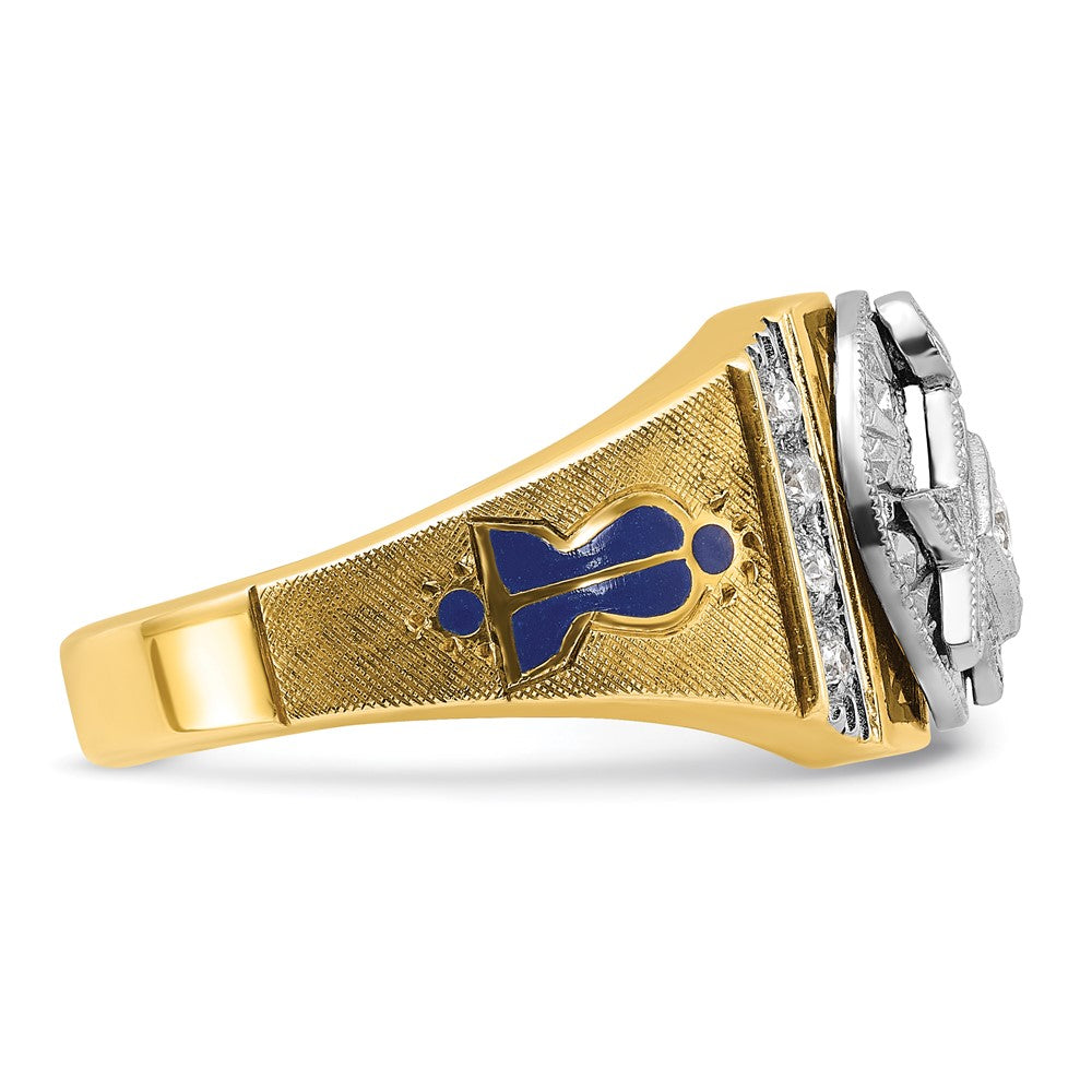 14k Two-tone Men's Polished and Textured with Blue and Black Enamel Diamond Blue Lodge Master Masonic Ring