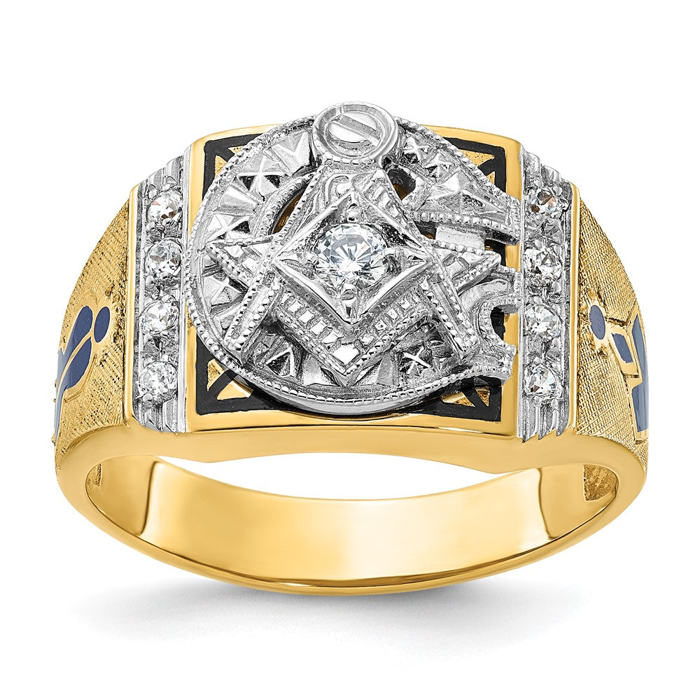 14k Two-tone Men's Polished and Textured with Blue and Black Enamel Diamond Blue Lodge Master Masonic Ring