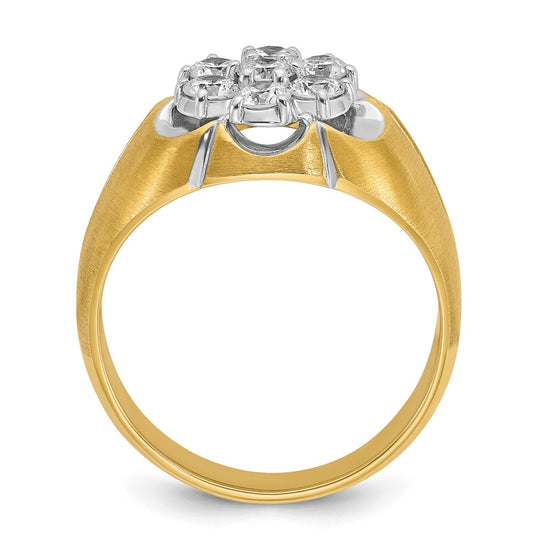 14k Two-tone with White Rhodium Men's Polished Satin and Grooved 1 Carat AA Quality Diamond Round Cluster Ring