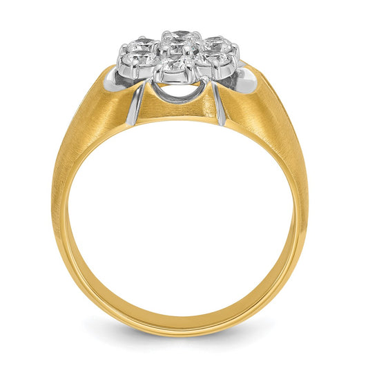 14k Two-tone with White Rhodium Men's Polished Satin and Grooved 1 Carat AA Quality Diamond Round Cluster Ring