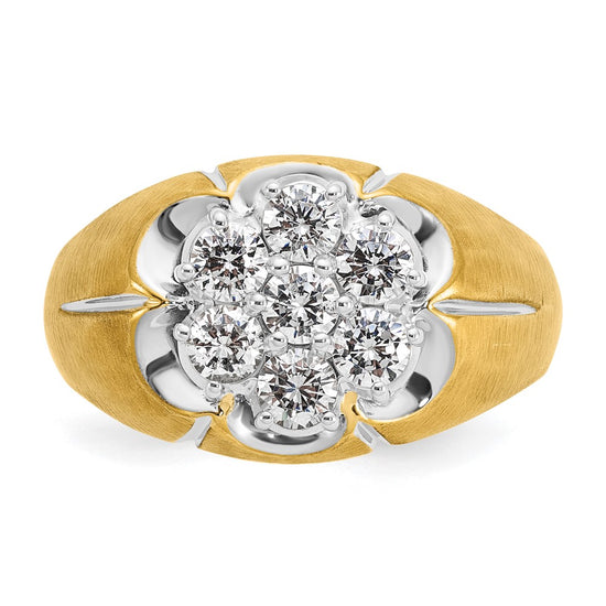 14k Two-tone with White Rhodium Men's Polished Satin and Grooved 1 Carat AA Quality Diamond Round Cluster Ring