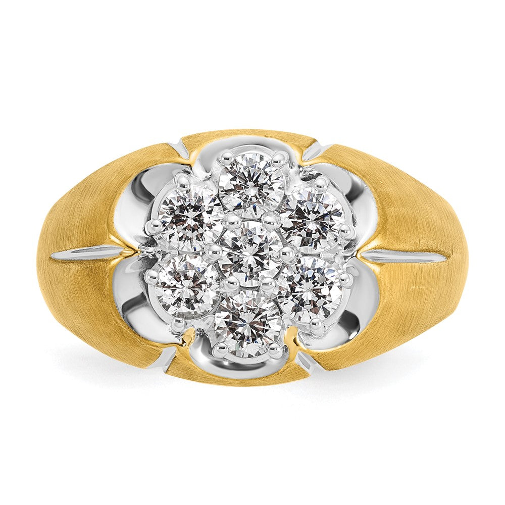14k Two-tone with White Rhodium Men's Polished Satin and Grooved 1 Carat AA Quality Diamond Round Cluster Ring