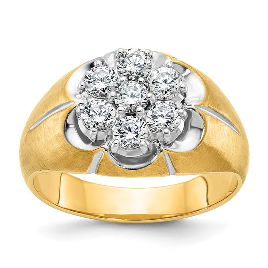 14k Two-tone with White Rhodium Men's Polished Satin and Grooved 1 Carat AA Quality Diamond Round Cluster Ring