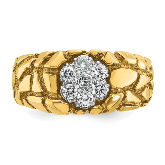10k Two-tone Men's Polished and Nugget Textured Round 1/2 Carat A Quality Diamond Cluster Ring