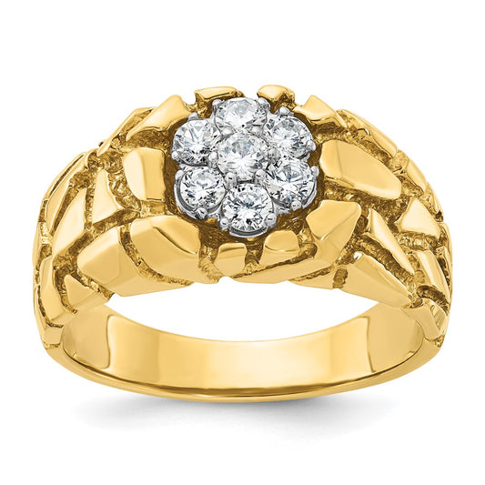 10k Two-tone Men's Polished and Nugget Textured Round 1/2 Carat A Quality Diamond Cluster Ring