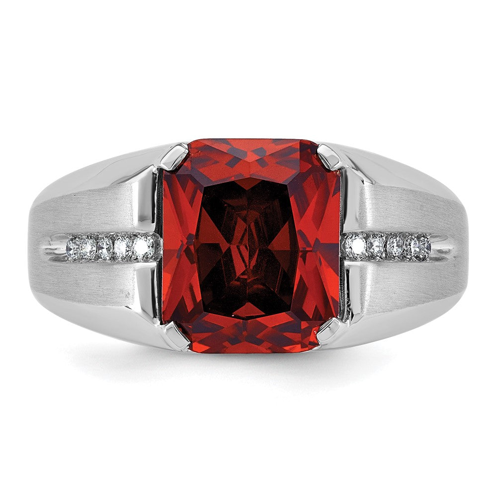 14k White Gold Men's Created Garnet and 1/10 carat Diamond Complete Ring