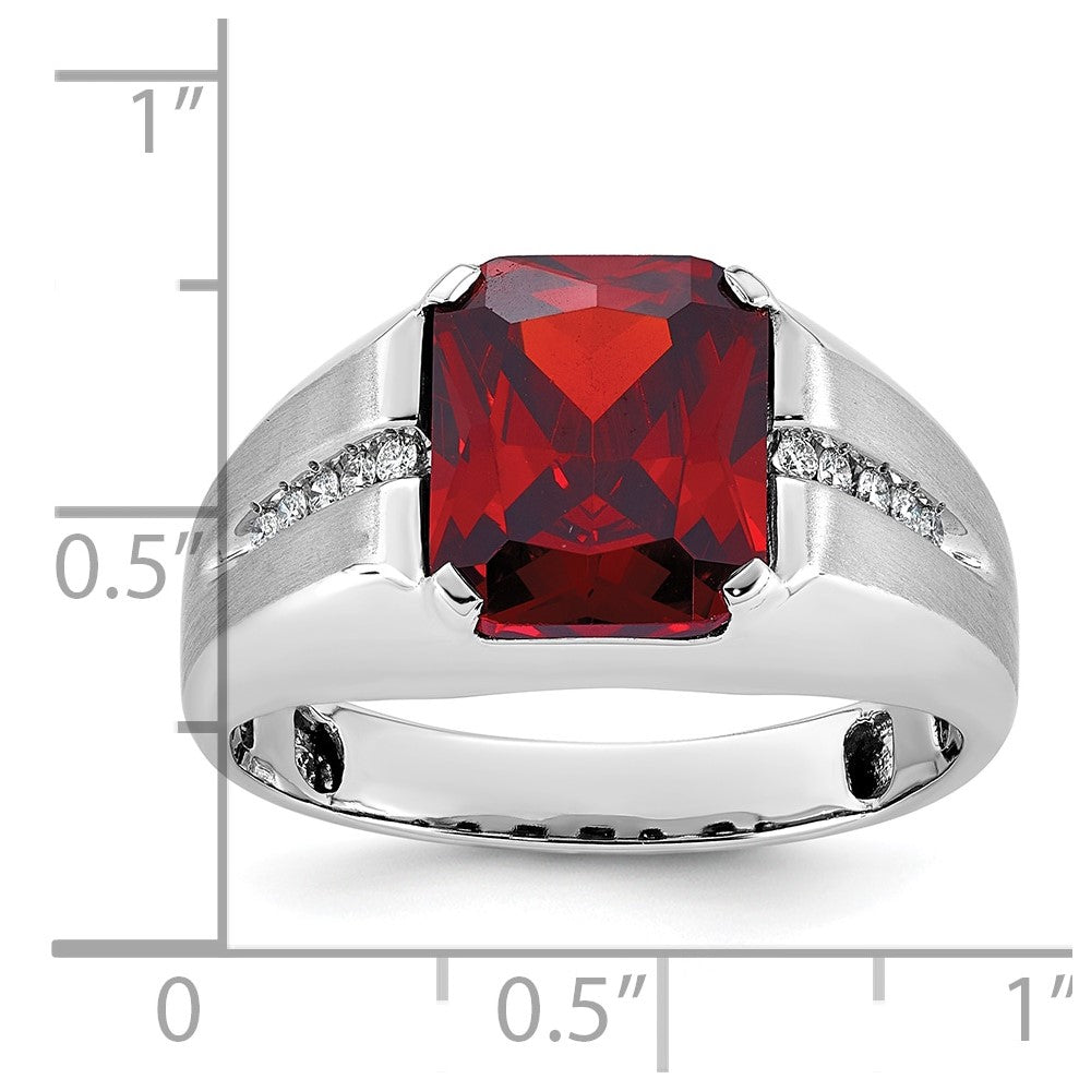 14k White Gold Men's Created Garnet and 1/10 carat Diamond Complete Ring