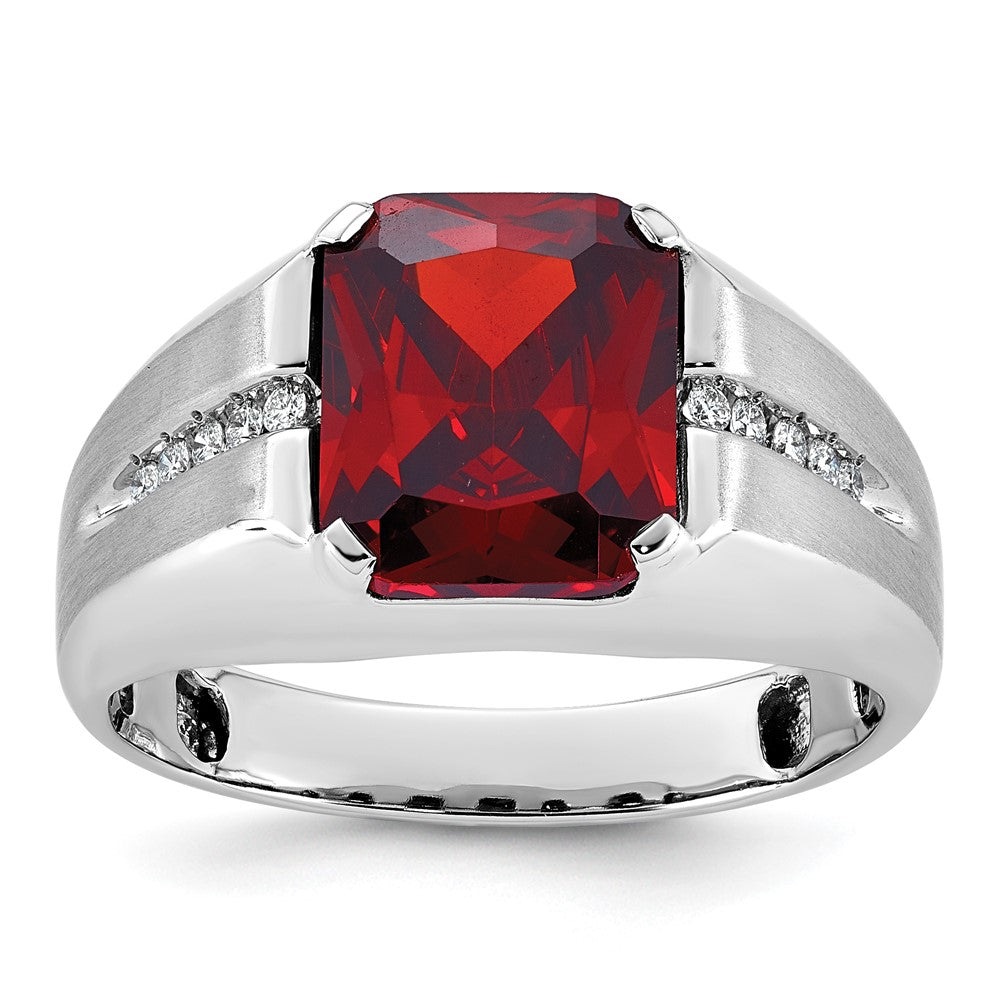 14k White Gold Men's Created Garnet and 1/10 carat Diamond Complete Ring