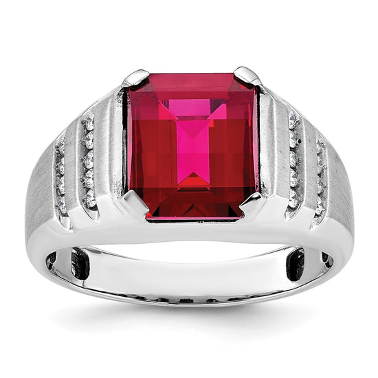 14k White Gold Men's Created Ruby and 1/5 carat Diamond Complete Ring