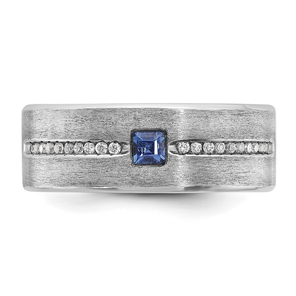 14k White Gold Men's Satin Lab Created Sapphire and 1/8 carat Diamond Complete Ring