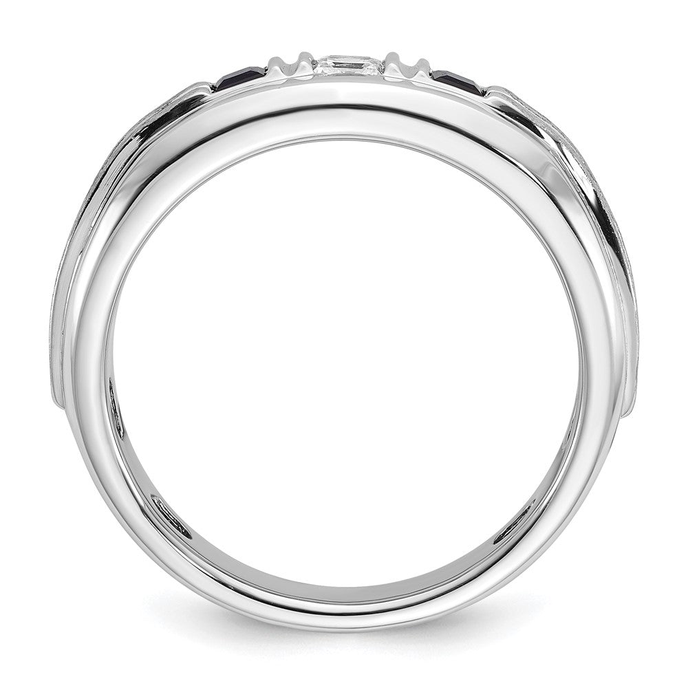 14k White Gold Men's Polished Satin and Grooved Square 1/6 Carat AA Quality Diamond and Lab Created Sapphire 3-Stone Ring