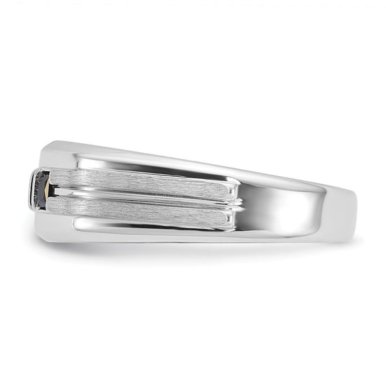 14k White Gold Men's Polished Satin and Grooved Square 1/6 Carat AA Quality Diamond and Lab Created Sapphire 3-Stone Ring