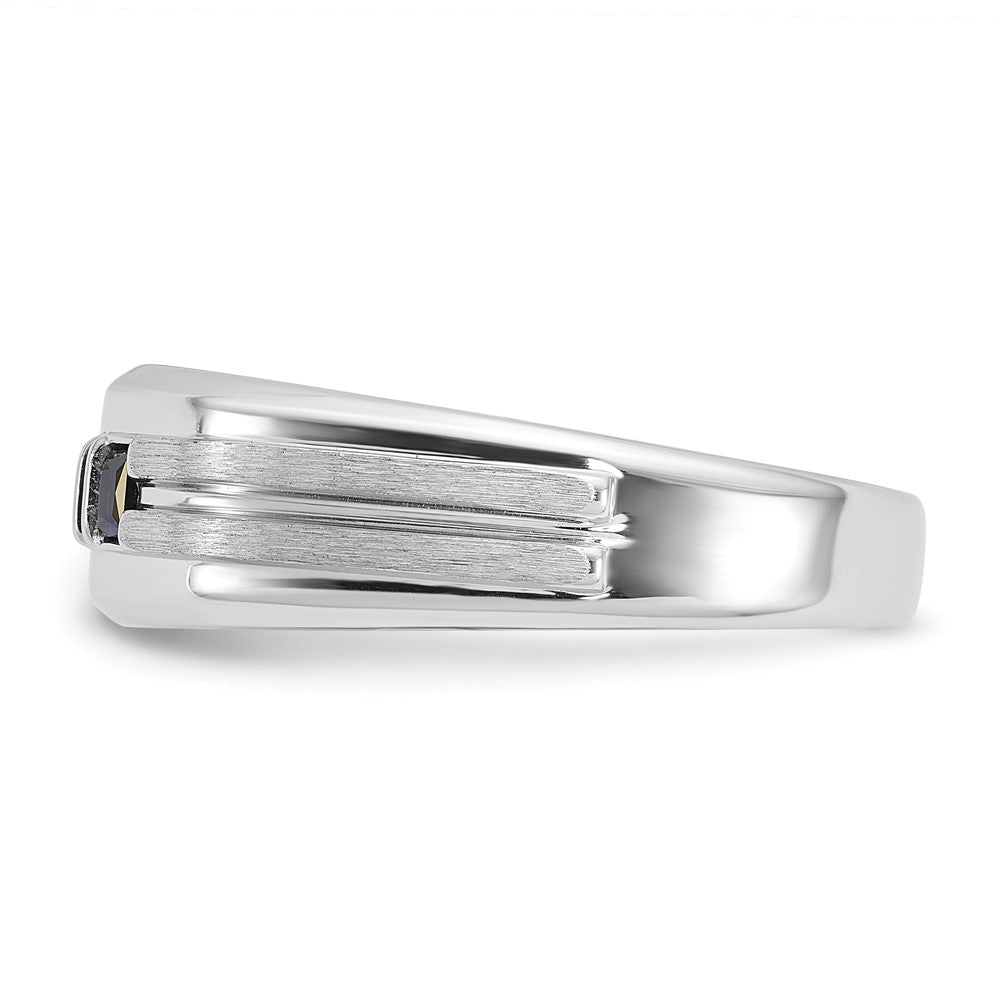 14k White Gold Men's Polished Satin and Grooved Square 1/6 Carat AA Quality Diamond and Lab Created Sapphire 3-Stone Ring